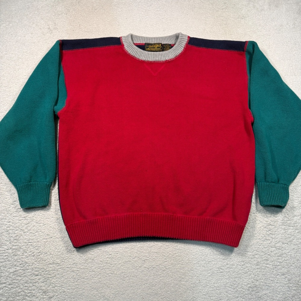 Vintage 90s Eddie Bauer Sweater Womens L Colorblock Cotton Crewneck Boxy Baggy